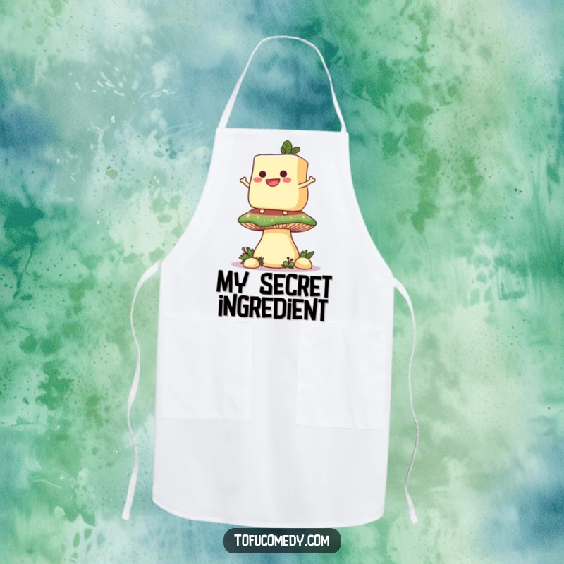 Funny apron featuring a grinning anthropomorphic tofu slice balancing on a giant mushroom, perfect for cheerful cooking.