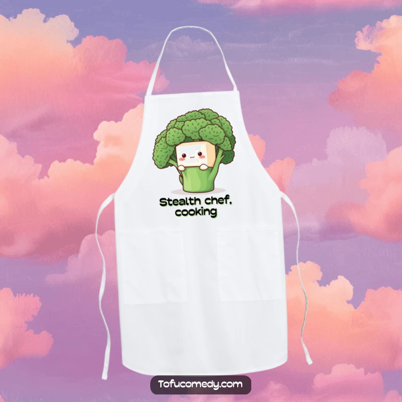 Funny Apron: A shy tofu cube peeking from behind a large broccoli floret, adding cute humor to kitchen tasks.