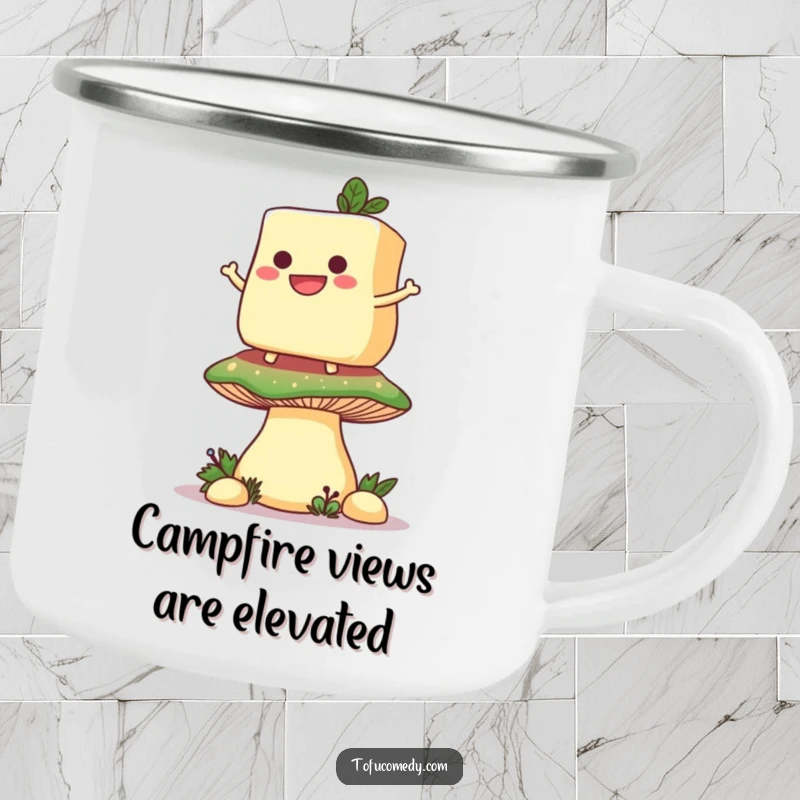 Funny camping mug featuring a grinning anthropomorphic tofu slice balancing on a giant mushroom, perfect for outdoor chuckles.