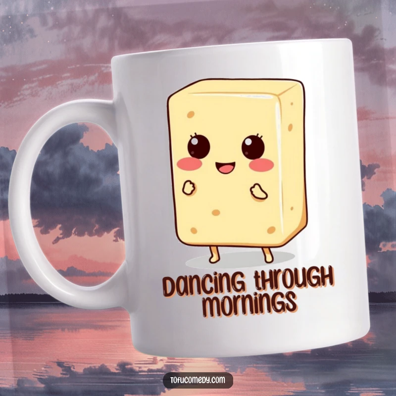 Funny Mug: A smiling, anthropomorphic tofu block with tiny legs enthusiastically doing a happy dance, pure delight.