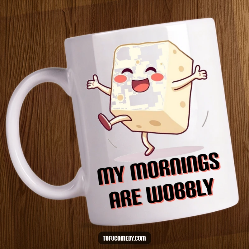 Funny mug featuring a jubilant anthropomorphic tofu block mid-clumsy cartwheel, radiating pure, uncoordinated joy and humor.