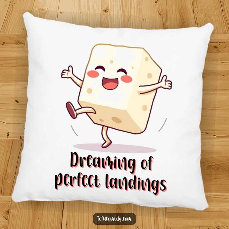 Funny pillow showcasing a jubilant anthropomorphic tofu block mid-clumsy cartwheel, offering plush comfort and humorous delight.