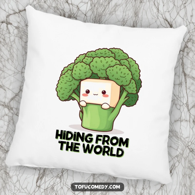 Funny Pillow: A shy tofu cube peeking playfully from behind a large broccoli floret, perfect for cozying up.