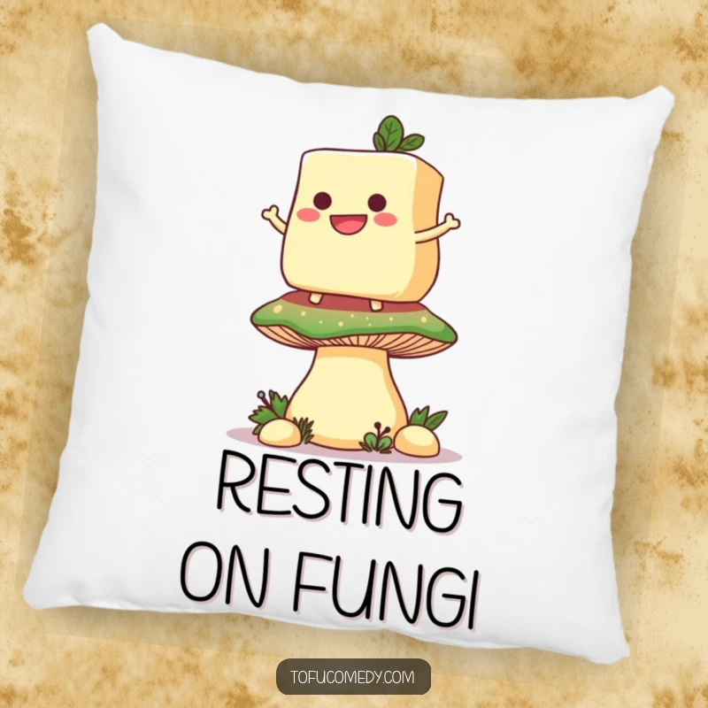 Funny pillow featuring a grinning anthropomorphic tofu slice balanced on a giant mushroom, providing soft humor and comfort.