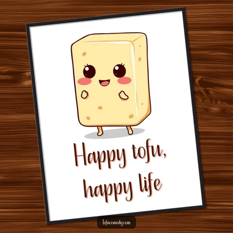 Funny Digital Art Print: A smiling tofu block with tiny legs enthusiastically dancing, radiating happiness and fun.
