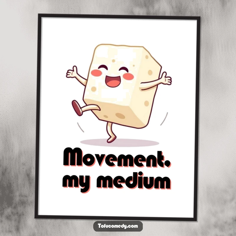 Funny digital art print of a jubilant anthropomorphic tofu block performing a hilarious, clumsy cartwheel, bursting with energetic humor.