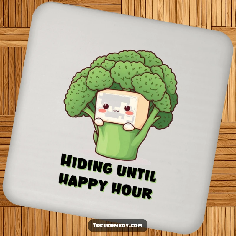 Funny Coaster: A shy tofu cube peeking from behind broccoli, protecting surfaces with adorable, gentle humor.