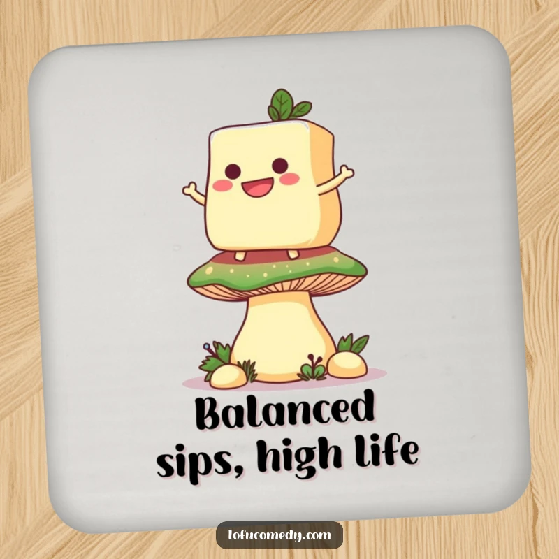 Funny drink coaster featuring a grinning anthropomorphic tofu slice balancing on a giant mushroom, adding humor to your table.