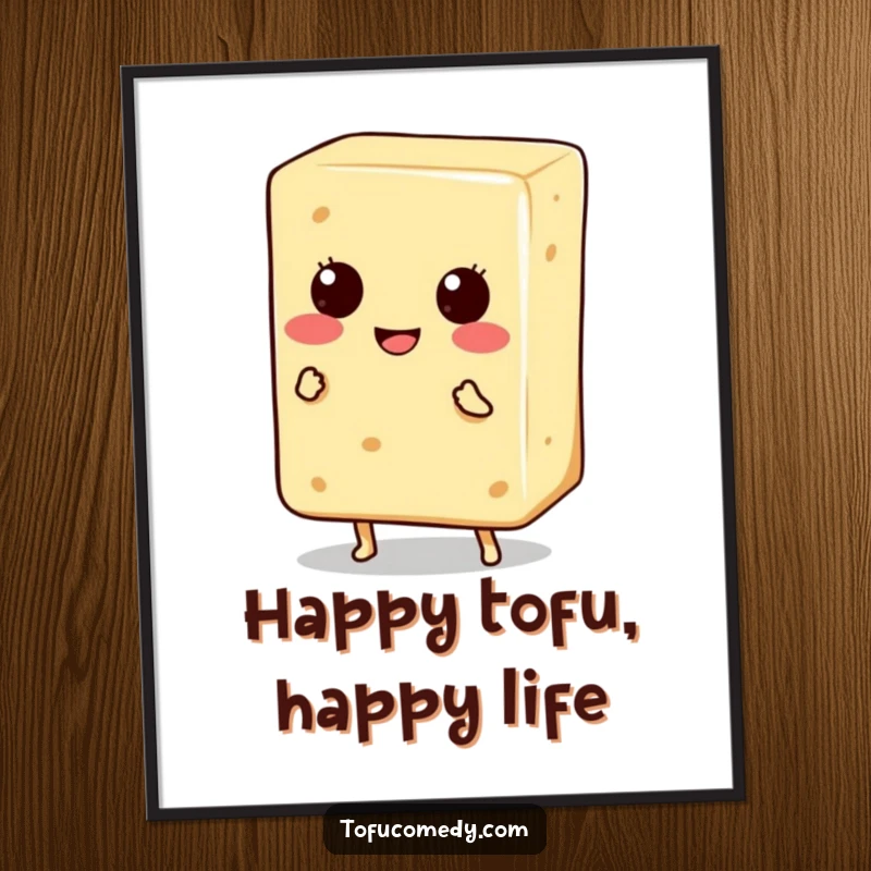Funny Poster: A smiling tofu block with tiny legs energetically dancing, bringing a burst of happiness to any wall.