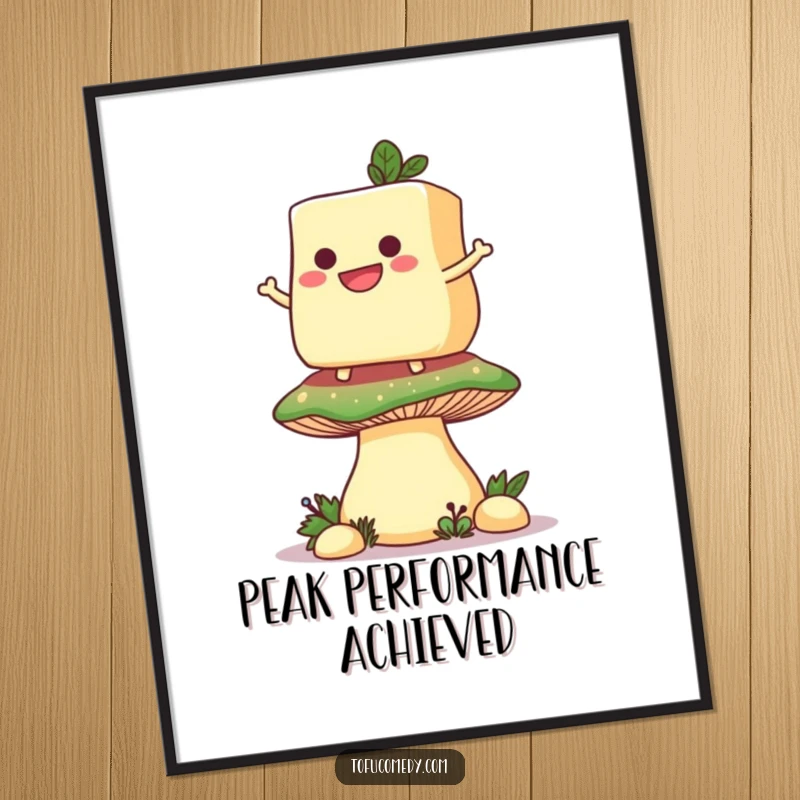 Funny poster print of a grinning anthropomorphic tofu slice balancing on a giant mushroom, a scene of pure, cheerful absurdity.