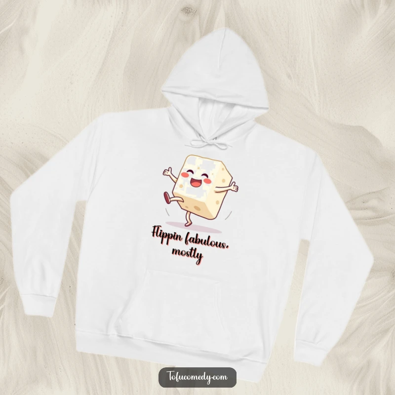 Funny hoodie with a jubilant anthropomorphic tofu block doing a funny, clumsy cartwheel, perfect for cozying up with humor.