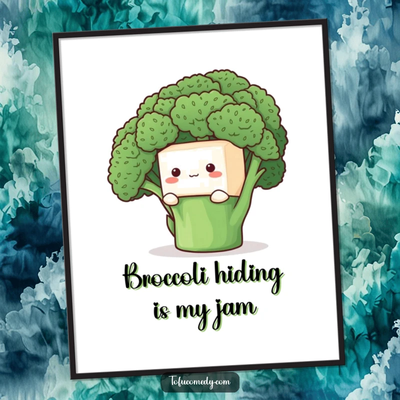 Funny Free Printable Wall Art: A shy anthropomorphic tofu cube peeking adorably from behind a large broccoli floret.