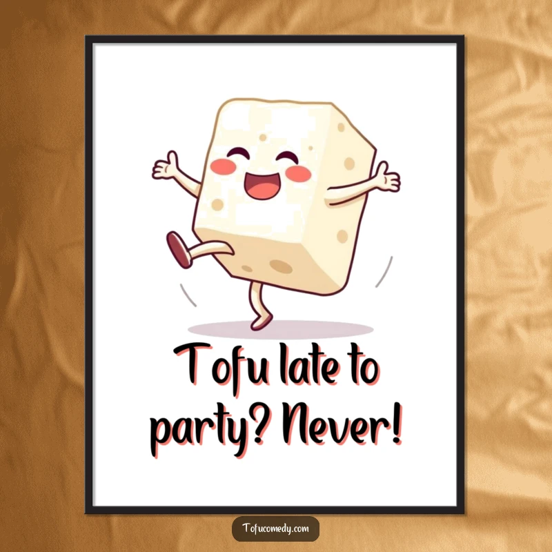 Funny Free Printable Wall Art: Tofu block mid-cartwheel, looking joyful and slightly off-balance, bringing comic relief to any room.