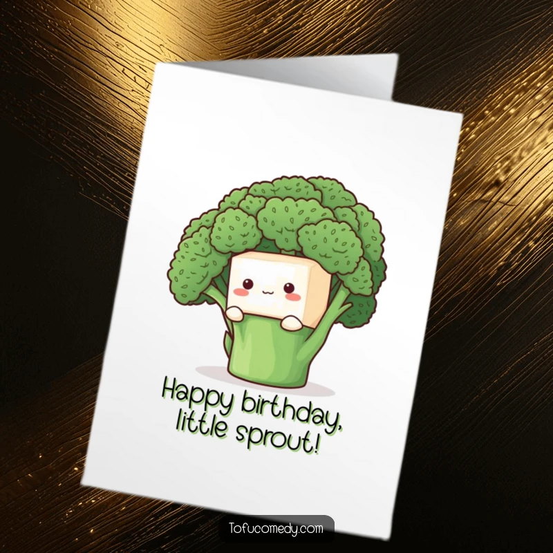Funny Free Printable Birthday Card: A shy anthropomorphic tofu cube peeking from behind a large green broccoli floret.