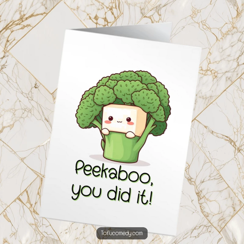 Funny Free Printable Congratulations Card: A shy anthropomorphic tofu cube peeking out from behind a large broccoli floret.