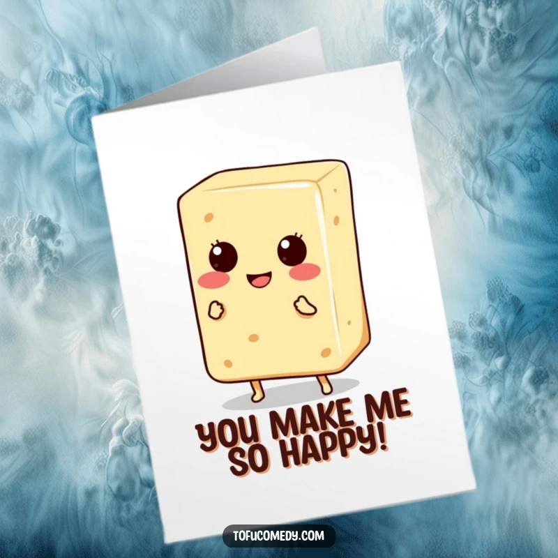 Funny Free Printable Thank You Card: A smiling anthropomorphic tofu block with tiny legs doing a thankful happy dance.