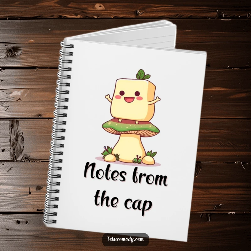 Funny notebook cover with a grinning anthropomorphic tofu slice balancing on a giant mushroom, inspiring cheerful note-taking.