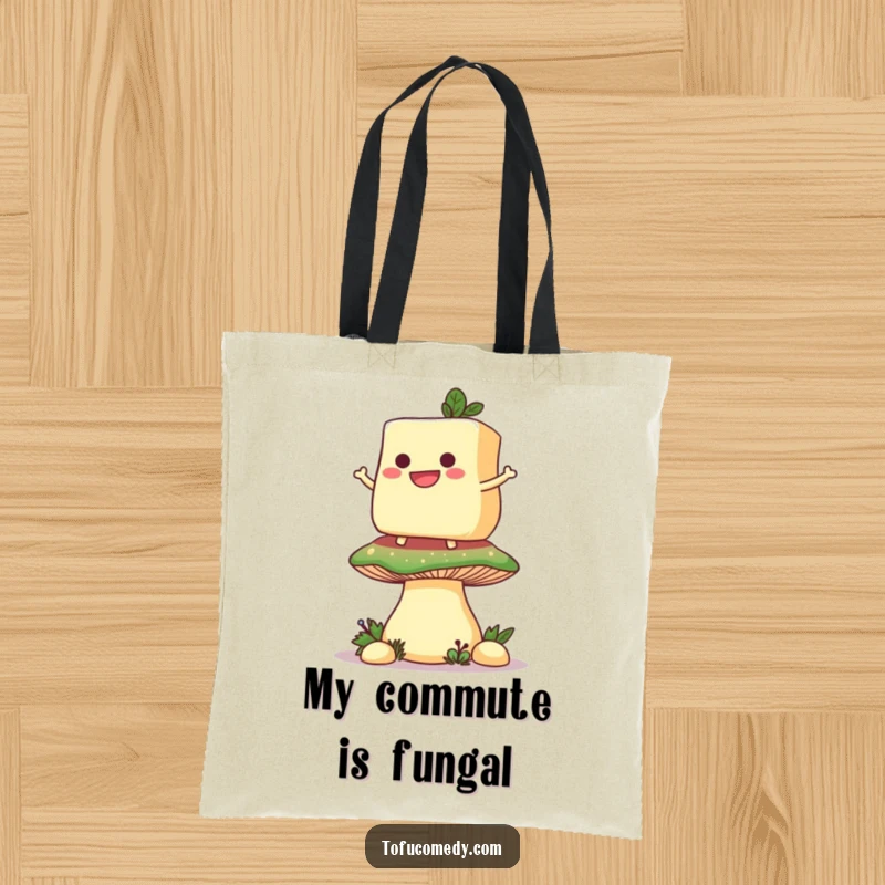 Funny tote bag featuring a grinning anthropomorphic tofu slice balancing on a giant mushroom, ideal for humorous errands.